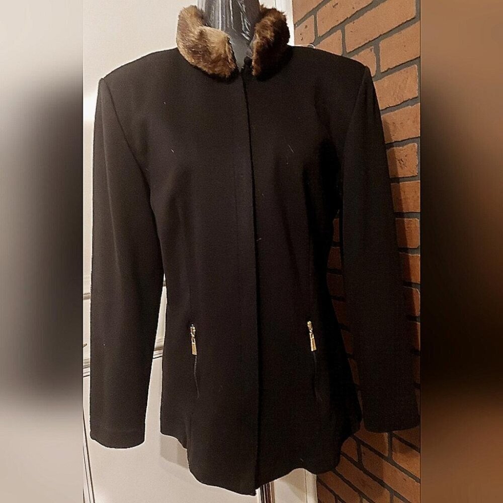 Joseph Ribkoff Black Jacket Fur Collar Size 14 Elegant Dressy Coat - Picture 2 of 13